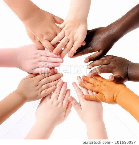 children's hands with different skin colors to each other in a circle on a white background, the concept of friendship, unity and peace children's hands with different skin colors to each other in a circle on a white background, the concept of friendship, unity and peace 101650057