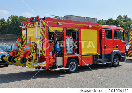 Big red fire truck with fire equipment 101650185