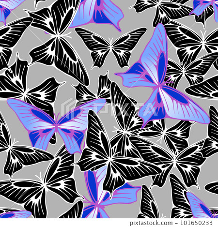 seamless pattern of blue-black butterflies on a gray background, texture, design seamless pattern of blue-black butterflies on a gray background, texture, design 101650233