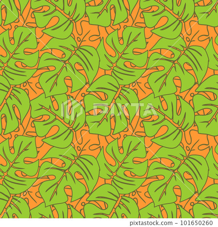 seamless asymmetric pattern of green tropical leaves on a red background, texture, design 101650260