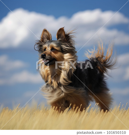 Yorkshire terrier with long fluttering hair, against the blue sky, a beautiful photo with a pet Yorkshire terrier with long fluttering hair, against the blue sky, a beautiful photo with a pet 101650310