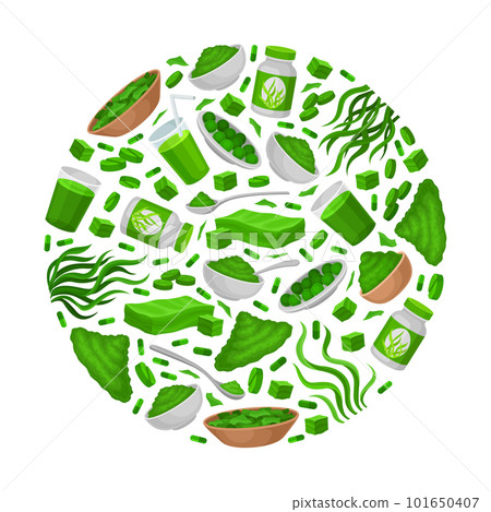Seaweed Spirulina Round Composition Design with Green Superfood Vector Template 101650407