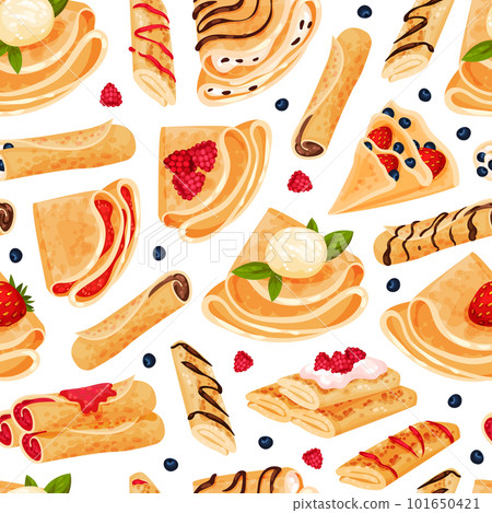 Baked Crepe or Pancake Food Seamless Pattern Design Vector Template 101650421