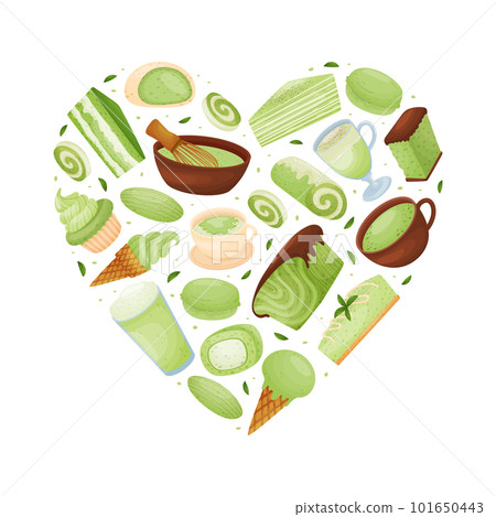 Matcha Food and Drink Heart Shape Composition Design with Tasty Dessert Vector Template Matcha Food and Drink Heart Shape Composition Design with Tasty Dessert Vector Template 101650443