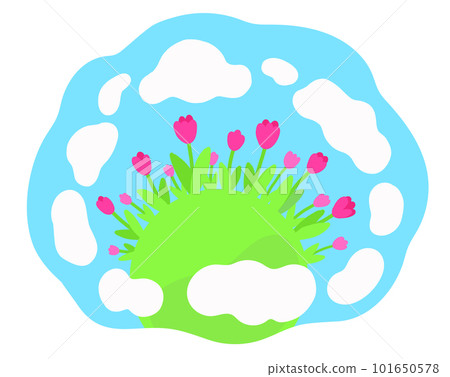 Red tulips growing on lawn under blue sky with clouds. Spring bloom flat color vector illustration on white background. 101650578