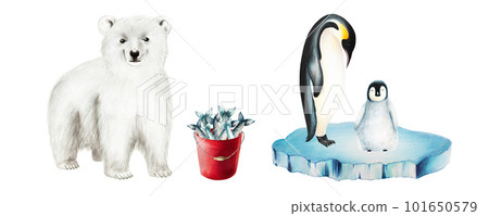 Watercolor king penguin family on an ice floe, polar bear and a bucket of fish isolated. Hand painting realistic Arctic and Antarctic ocean mammals. For designers, decoration, postcards, wrapping 101650579