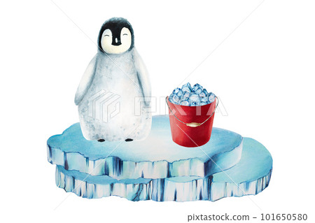 Watercolor king penguin with a bucket of ice on an ice floe isolated. Hand painting realistic Arctic and Antarctic ocean mammals. For designers, decoration, postcards, wrapping paper, scrapbooking 101650580