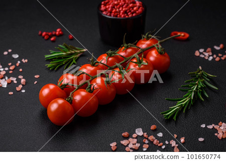 Delicious fresh cherry tomatoes on a twig on a dark concrete background Delicious fresh cherry tomatoes on a twig on a dark concrete background 101650774