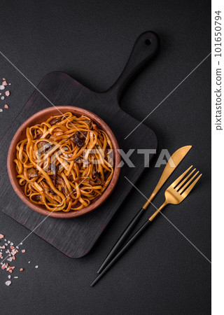 Delicious noodles or udon with mushrooms, salt, spices and herbs 101650794