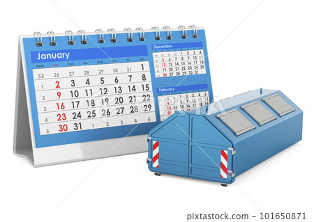 Industrial waste skip with desk calendar, 3D rendering Industrial waste skip with desk calendar, 3D rendering 101650871