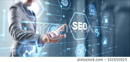 Businessman's fingers pressing a button SEO. Search engine optimization 101650925
