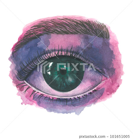 Green eye on pink background. Watercolor illustration on a transparent background made by hand Green eye on pink background. Watercolor illustration on a transparent background made by hand 101651005