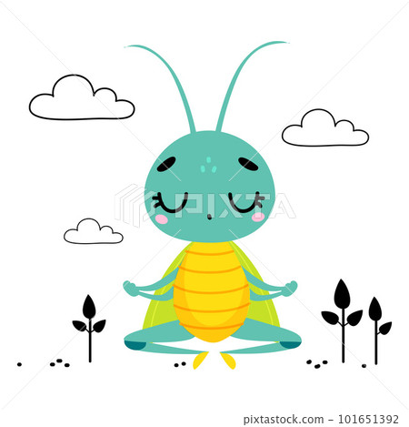 Cute grasshopper meditating in lotus position. Funny insect cartoon character doing yoga vector illustration 101651392