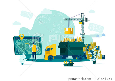 Logistics concept in flat style. Warehouse worker planning route on computer scene. Express delivery service, warehousing and distribution. Vector illustration with people characters in work situation Logistics concept in flat style. Warehouse worker planning route on computer scene. Express delivery service, warehousing and distribution. Vector illustration with people characters in work situation 101651734