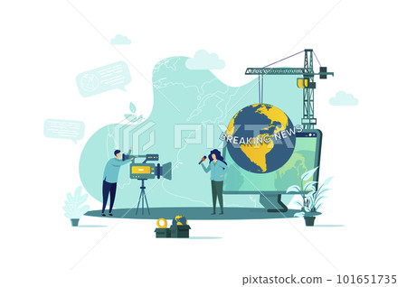 Journalist concept in flat style. Journalist and cameraman making breaking news reportage scene. TV broadcasting, live stream web banner. Vector illustration with people characters in work situation. Journalist concept in flat style. Journalist and cameraman making breaking news reportage scene. TV broadcasting, live stream web banner. Vector illustration with people characters in work situation. 101651735