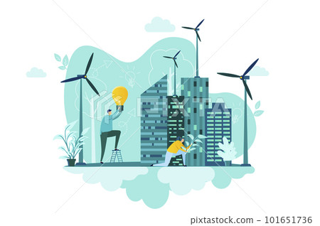 Green city concept in flat style. People planting trees and constructing green city scene. Ecology conservation and safety, renewable resources. Vector illustration with people characters in situation Green city concept in flat style. People planting trees and constructing green city scene. Ecology conservation and safety, renewable resources. Vector illustration with people characters in situation 101651736