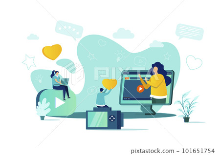 Bloggers concept in flat style. Online stream watching scene. Content production for social media, entertainment and education web banner. Vector illustration with people characters in situation. 101651754