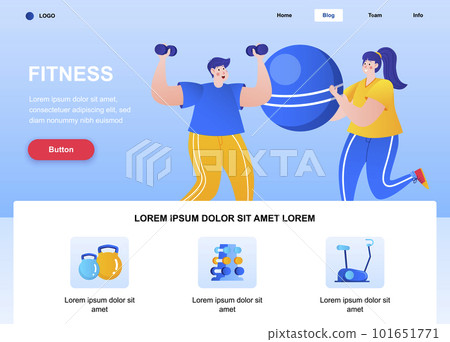 Fitness flat landing page. Young couple together training in gym web page. Colorful composition with people characters, vector illustration. Healthy lifestyle, sports activities and workout concept 101651771