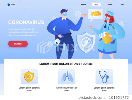 Coronavirus flat landing page. Doctor talking with man about covid-19 web page. Composition with people characters, vector illustration. Coronavirus prevention, personal hygiene and disinfection. 101651772