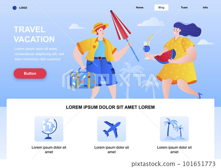 Travel vacation flat landing page. Tourist with luggage and sun umbrella comes to rest web page. Colorful composition with people characters, vector illustration. Summertime beach vacation concept. Travel vacation flat landing page. Tourist with luggage and sun umbrella comes to rest web page. Colorful composition with people characters, vector illustration. Summertime beach vacation concept. 101651773