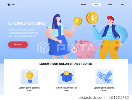 Crowdfunding flat landing page. Sponsors investing money into piggy bank web page. Colorful composition with people characters, vector illustration. Fundraising, sponsorship and money donation concept Crowdfunding flat landing page. Sponsors investing money into piggy bank web page. Colorful composition with people characters, vector illustration. Fundraising, sponsorship and money donation concept 101651783