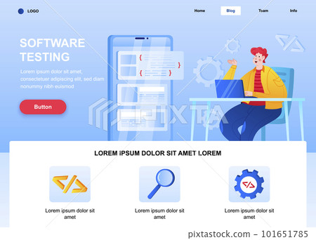 Software testing flat landing page. Engineer debugging mobile application web page. Colorful composition with people character, vector illustration. Software testing, search of program bugs concept 101651785