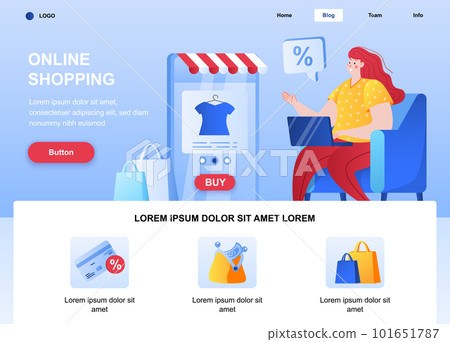 Online shopping flat landing page. Woman shopping by laptop web page. Colorful composition with people character, vector illustration. Online shopping platform, goods order with delivery concept Online shopping flat landing page. Woman shopping by laptop web page. Colorful composition with people character, vector illustration. Online shopping platform, goods order with delivery concept 101651787