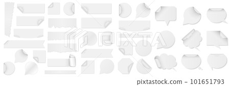 Bundle of white paper stickers of different shapes with curled corners isolated on white background. Speech bubble, torn paper, round, square, rectangular. Vector illustration. Template paper design. 101651793