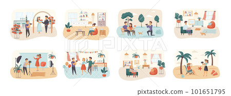 Designers and photographers bundle of scenes with people characters. Professional photography of festive events conceptual situations. Digital designer work with laptop cartoon vector illustration. 101651795
