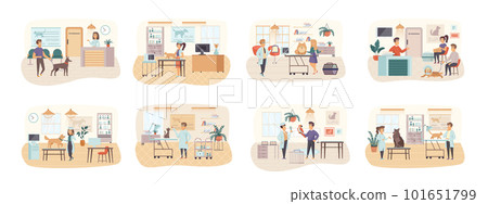 Veterinary clinic bundle of scenes with flat people characters. Veterinarian examining dog and cat in vet clinic conceptual situations. Medical center for domestic animals cartoon vector illustration Veterinary clinic bundle of scenes with flat people characters. Veterinarian examining dog and cat in vet clinic conceptual situations. Medical center for domestic animals cartoon vector illustration 101651799
