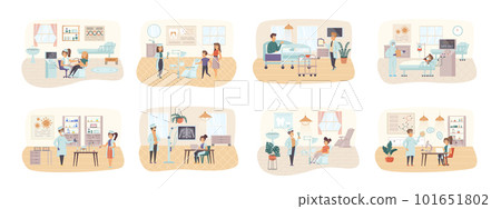 Medical care bundle of scenes with people characters. Laboratory research, diagnosis and treatment in clinic conceptual situations. Healthcare, reanimation and medicine cartoon vector illustration. Medical care bundle of scenes with people characters. Laboratory research, diagnosis and treatment in clinic conceptual situations. Healthcare, reanimation and medicine cartoon vector illustration. 101651802