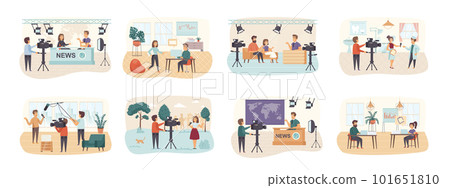 Journalism bundle of scenes with flat people characters. Breaking news, interviewing and live show conceptual situations. Journalist and cameraman making video reportage cartoon vector illustration. Journalism bundle of scenes with flat people characters. Breaking news, interviewing and live show conceptual situations. Journalist and cameraman making video reportage cartoon vector illustration. 101651810