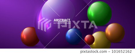 Multicolored realistic vector 3d spheres and balls on a wide violet background. Abstract modern banner geometric three-dimensional vector illustration 101652162
