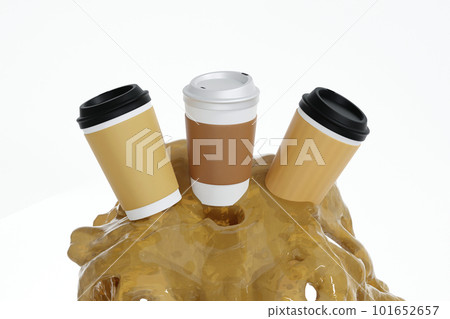 Paper coffee cup with blank labels floating over coffee liquid splash, mock up, 3D rendering. 101652657