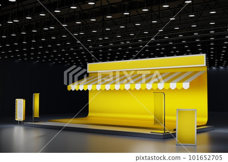Yellow booth exhibition stand display mockup for event trade fair show in exhibition hall, 3D render 101652705