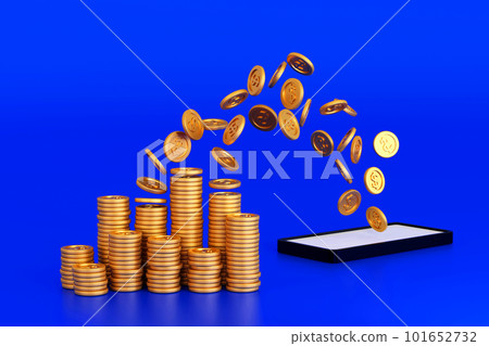 Many coin up rising from smartphone screen to coin stack, take profit from online, 3D rendering Many coin up rising from smartphone screen to coin stack, take profit from online, 3D rendering 101652732