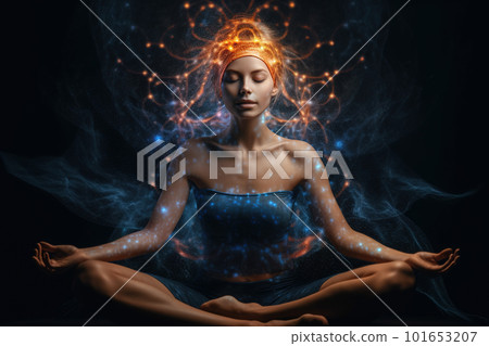 Young woman practices yoga and meditation with space energy, fantasy view, generative AI 101653207