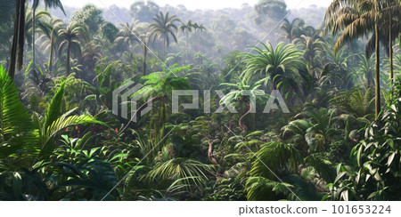 Panorama of dense jungle, wild forest with palm trees and tropical plants, generative AI 101653224