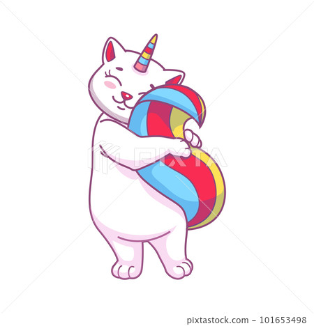 Cute funny cartoon caticorn character hugging its rainbow tail. Unicorn cat or kitty animal vector personage with unicorn horn and sweet smiling face. Fairy caticorn or magic kitten, t-shirt print 101653498