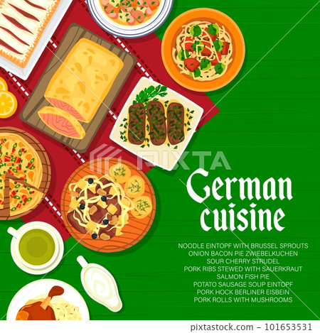 German cuisine food menu page cover. Pork rolls with mushrooms, ribs with sauerkraut, salmon and Zwiebelkuchen pie, soup Eintopf and Berliner Eisbein, cherry strudel, noodles with brussel sprouts 101653531
