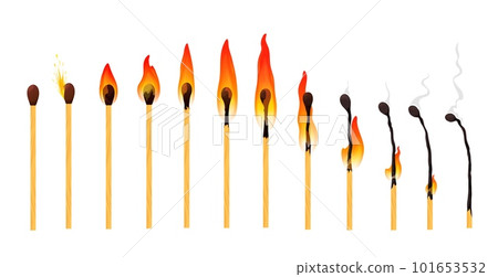 Burning match animation with fire flame burn sequence, vector cartoon wooden matchstick. Wood matches burning animated set of match stick ignite, burn and burnout smoke in sprite sheet animation 101653532