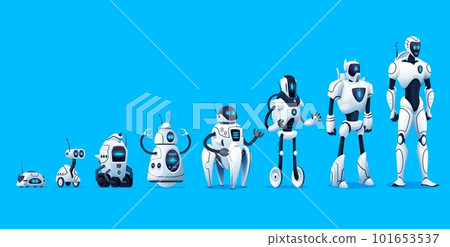 Robots evolution, vector timeline of robotics technology. Progress of mechanical cyborg characters generations changing from primitive to futuristic hi-tech anthropomorphic intelligent machines 101653537