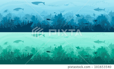 Underwater landscape silhouette backgrounds, fishes, manta ray and whales, cartoon vector. Sea or ocean deep water and coral reef undersea landscape with silhouette of sharks and seaweeds in deep 101653540