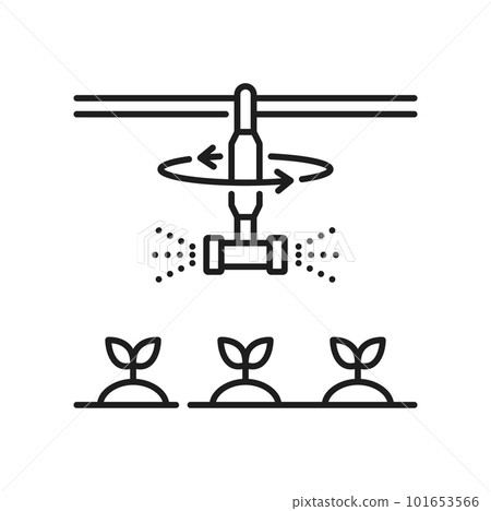 Field or greenhouse watering, irrigation icon. Agriculture equipment, garden sprinkling technology or field drip water aquaponics thin line vector sign. Gardening irrigation automatic system symbol 101653566