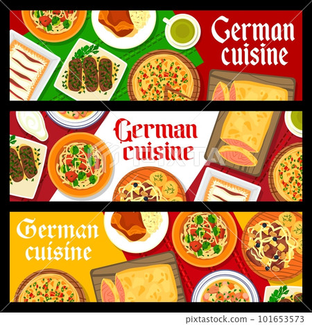 German cuisine restaurant meals banners. Salmon fish pie, ribs with sauerkraut and Berliner Eisbein, noodles with brussel sprouts, soup Eintopf and strudel, pie Zwiebelkuchen, pork roll with mushrooms 101653573