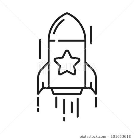 Star rocket startup with favorite star, prize reward special bonus outline icon. Vector flaming spacecraft on start, speed spaceship, beginning of sale Star rocket startup with favorite star, prize reward special bonus outline icon. Vector flaming spacecraft on start, speed spaceship, beginning of sale 101653618