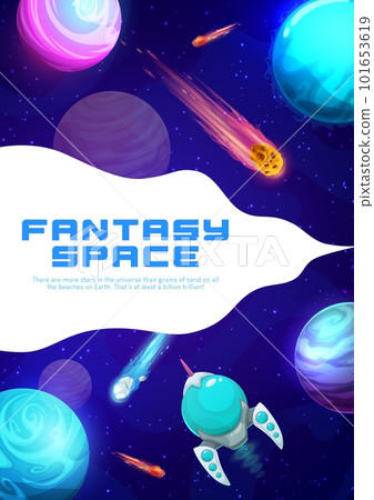 Cartoon space landing page with galaxy landscape, planets and starship. Business startup website vector template, company project or product launch landing page layout, fantasy space of alien universe 101653619