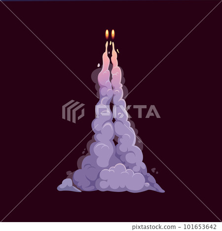 Cartoon rocket smoke trail. Vector contrail with fire and thick smog. Spacecraft startup, launch, shuttle take off in sky with flame and clouds. Isolated supersonic aviation or space engine flying up 101653642