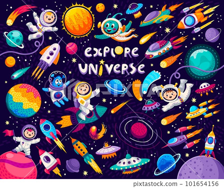 Cartoon kids space and galaxy, astronauts, planets and rockets. Vector cosmic repeated background with funny cosmonauts in space suits flying in universe among shuttles, comets, stars and satellites 101654156