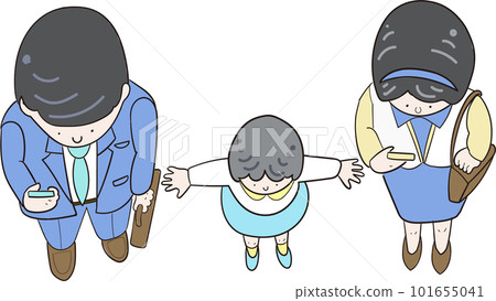 A color illustration of a parent and child walking while looking at a mobile phone from above 101655041